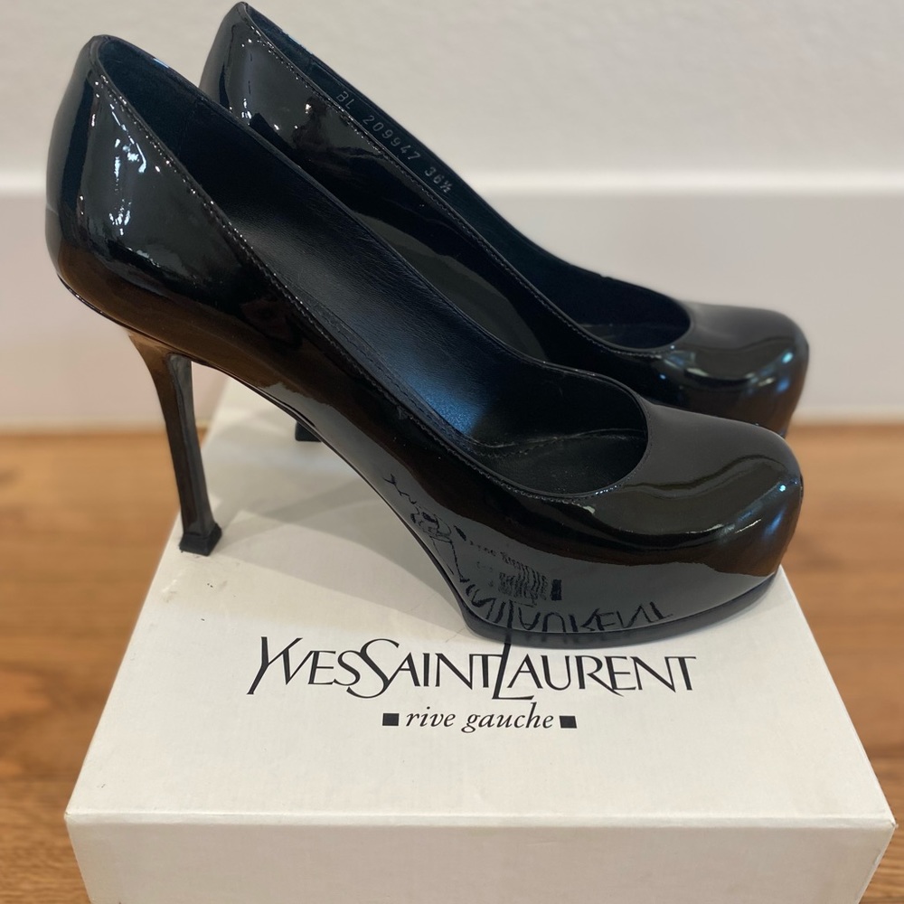 YSL black patent toe platform pumps.